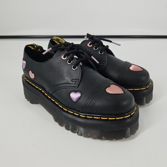 Dr. Martens Black Lapstone Satin 1461 Quad Heart Platform Derby Shoes 7 - Picture 2 of 10